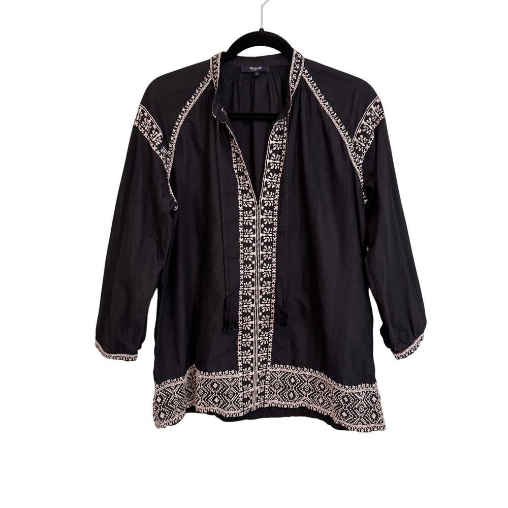 Madewell Camelia Blouse S Black Tunic Embroidery Tassel Festival Boho Peasant - Picture 2 of 10